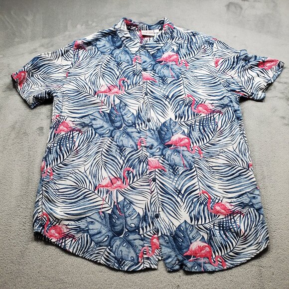 Ron Jon Surf Shop Hawaiian Tropical Shirt w Pink Flamingos Blue Flowers Men Sz L - Picture 1 of 9